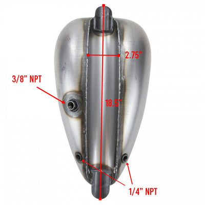 A diagram showing the measurements of a Moto Iron® 2.1 Gal. Narrow Alien Chopper Gas Tank for a custom chopper or bobber.