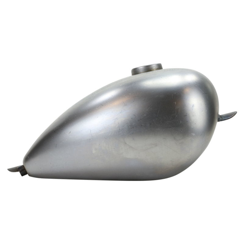 A silver Moto Iron® motorcycle tank with a 2.1 gal capacity on a white background.
