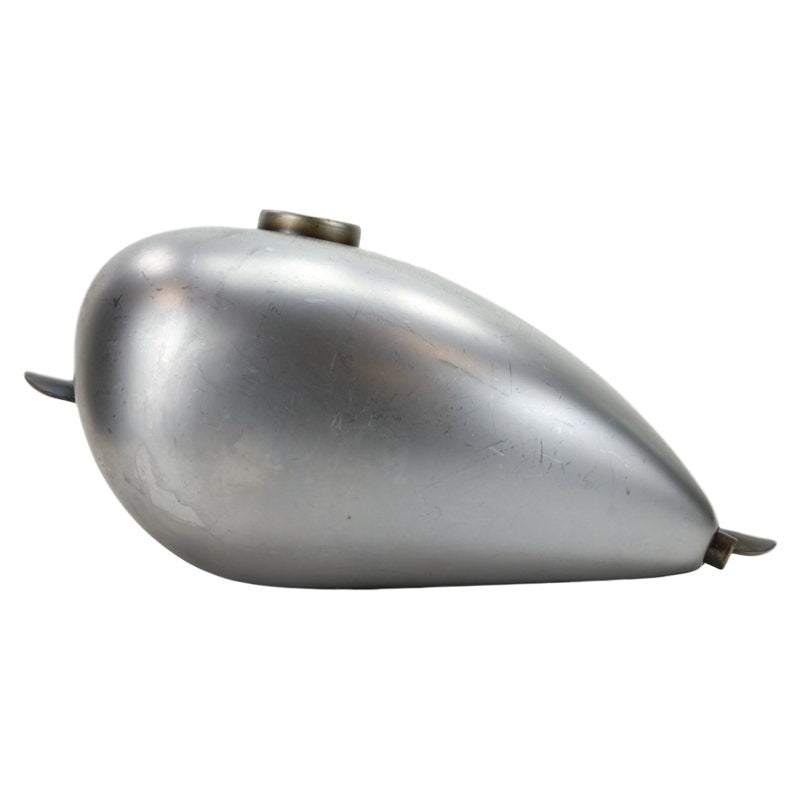 A silver Moto Iron® Wassel Bobber tank with petcocks, featuring a 2.1 Gal Wassell Style Mid Tunnel Motorcycle Gas Tank, on a white background.