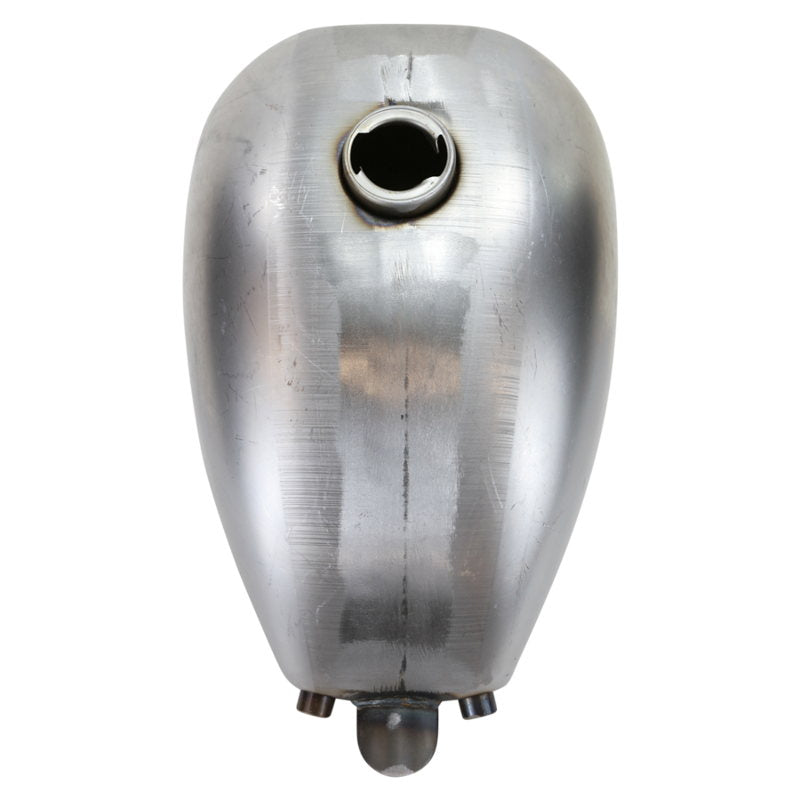 A silver Moto Iron® Wassell Style Mid Tunnel Motorcycle Gas Tank with a 2.1 gal capacity on a white background.