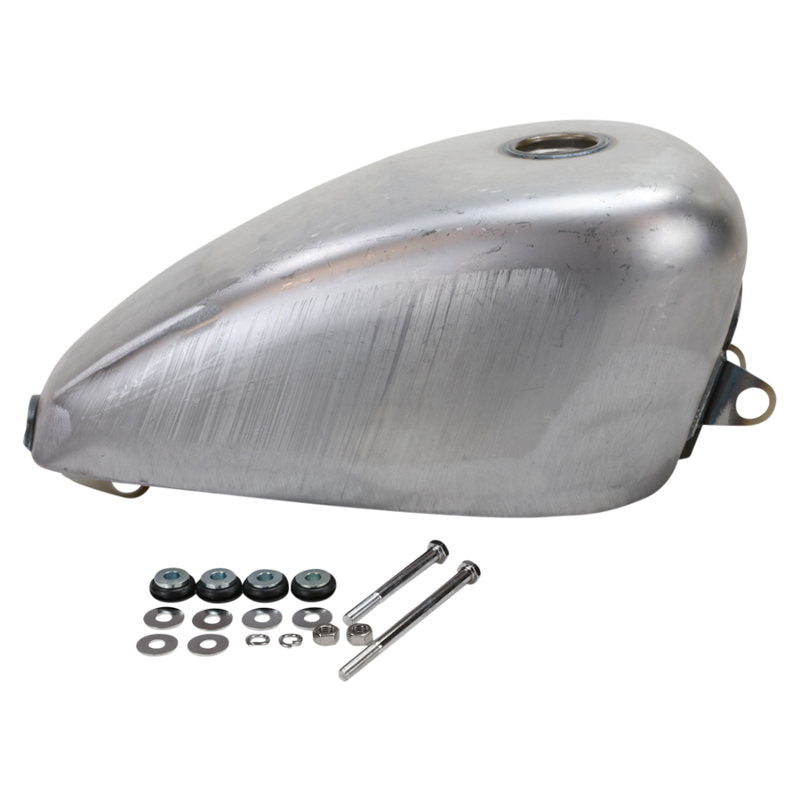A silver Moto Iron® 2.4 Gal. Sportster Gas Tank Fits 1995-03 with bolts, nuts, and a gas cap.