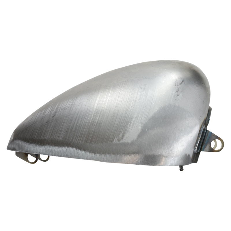 A silver Moto Iron® motorcycle headlight cover, with a rubber-mounted 2.4 Gal. Sportster Gas Tank Fits 1995-03, on a white background.