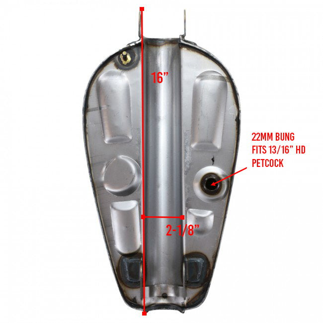 A diagram showing the dimensions of a Moto Iron® 2.4 Gal. Sportster Gas Tank Fits 1995-03.