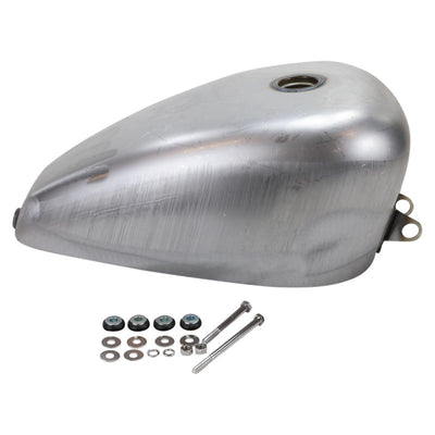 A silver Moto Iron® Rubber Mounted 3.1 Gal Sportster King Tank Fits 1995-03 motorcycle tank with bolts and nuts.