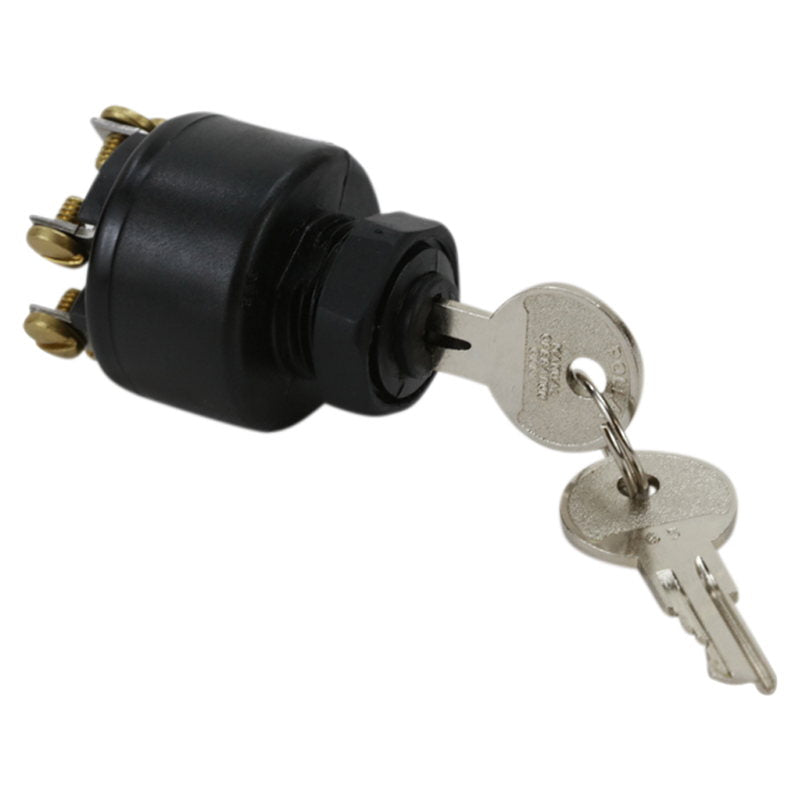 A Weatherproof Ignition Switch (with momentary start) 13/16" from Mid-USA with a key attached to it.