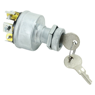 An ignition switch with a key and a Mid-USA Universal Ignition Switch (4 Position w/ Momentary Start) 3/4".
