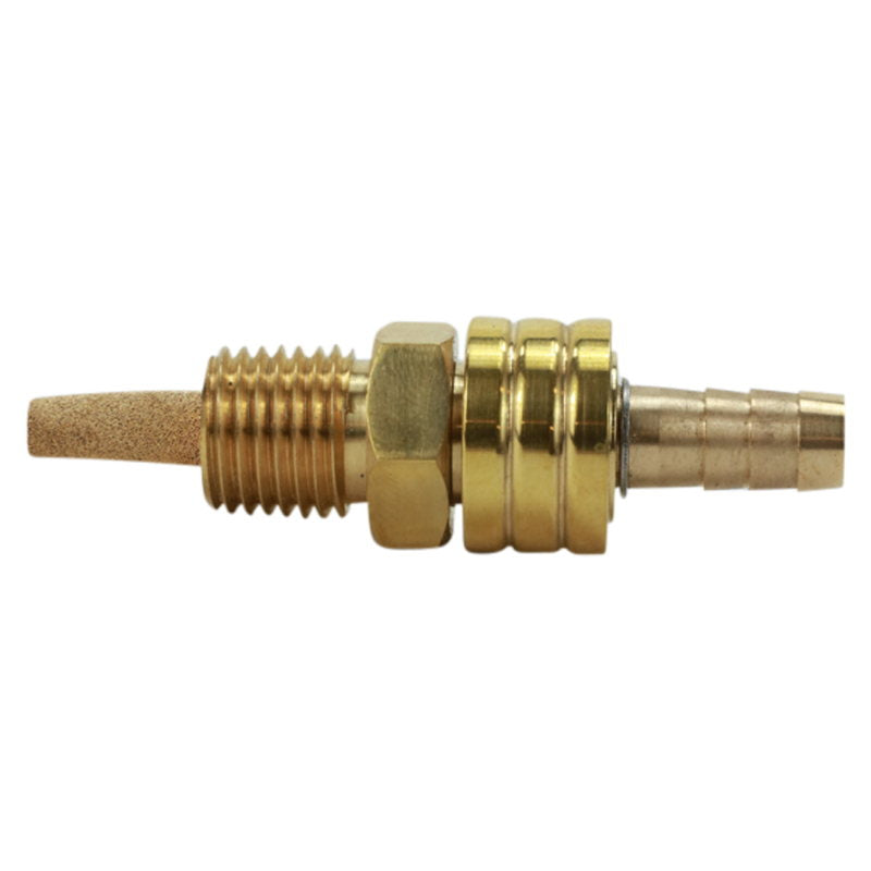 A 1/4" NPT Male Brass Fuel Petcock by Prism Supply Co fitting with a threaded end, perfect for connecting to a gas tank.