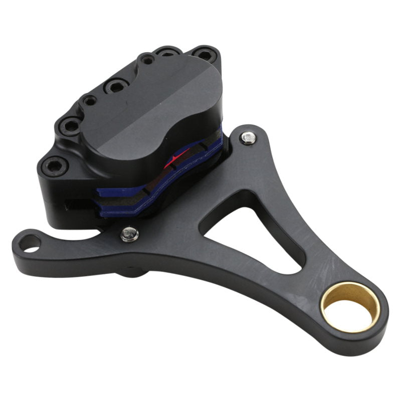 A Moto Iron® Springer Front End Brake Caliper Kit Left Side Black with a left side mounting.