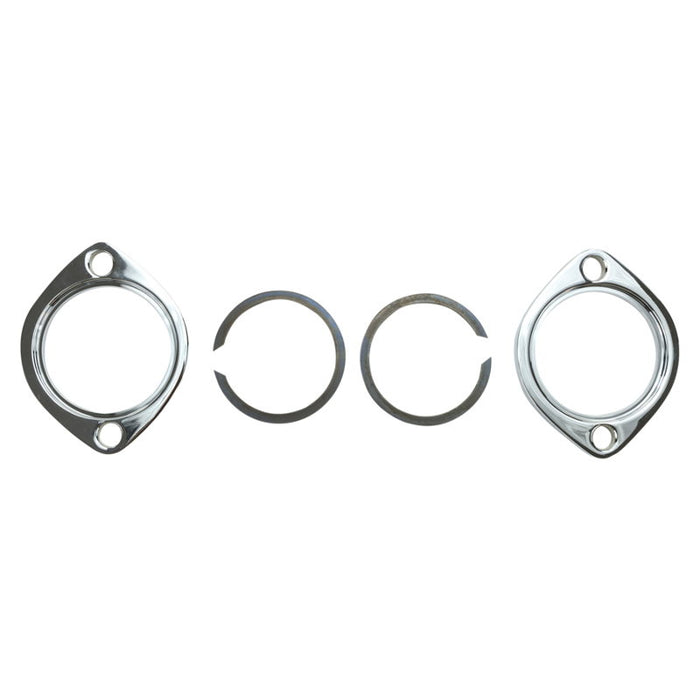 Two Moto IronĀ® Exhaust Port Flange and Retaining Ring Kits for Harley-Davidson Big Twin and Sportster are arranged in a row on a white background.