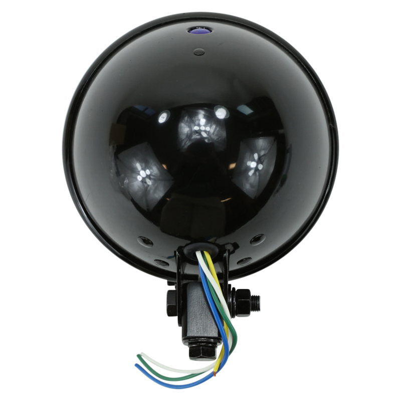A Moto Iron® Black Bates Style Headlight 5.75" with wires attached to it.