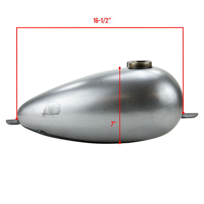 A silver Moto Iron® 3.3 Gal. Mustang Tank with measurements for a custom chopper or bobber.