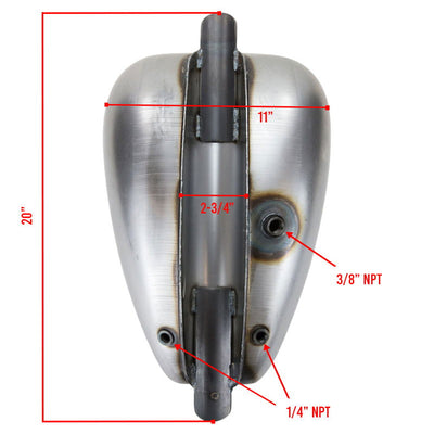 A diagram showing the dimensions of a stainless steel Moto Iron® 3.3 Gal. Mustang Tank.