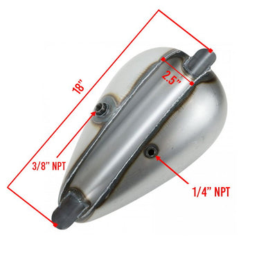 A picture of a Moto Iron® 2.2 Gal. Axed Tank motorcycle exhaust pipe with measurements.