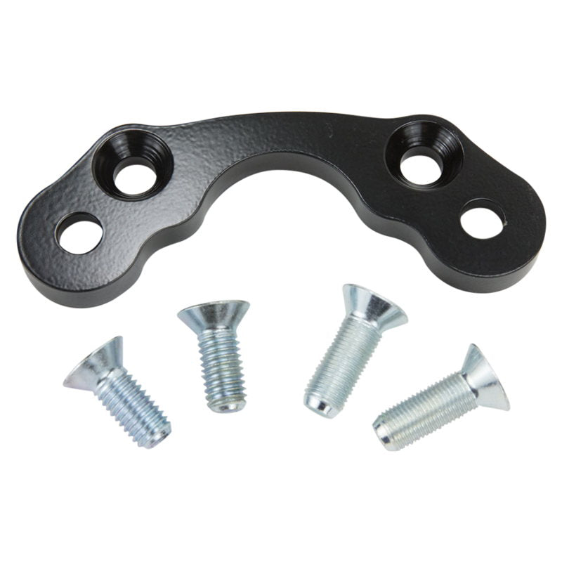 A Moto Iron® Black Handlebar Riser Adapter for Springer Front Ends 3.5" centers with screws and bolts on a white background.