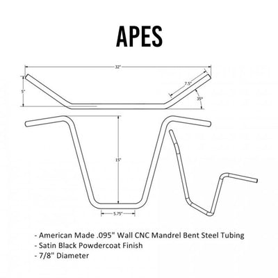 Apes made from American steel tubing are available, featuring TC Bros. 7/8" Ape Hanger Handlebars - 15" Black Powdercoated provided by TC Bros. for CNC.