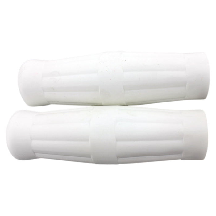 Two Old School 1" White Handlebar Grips by Moto Iron®, featuring ridged surfaces, are placed side by side on a plain white background.