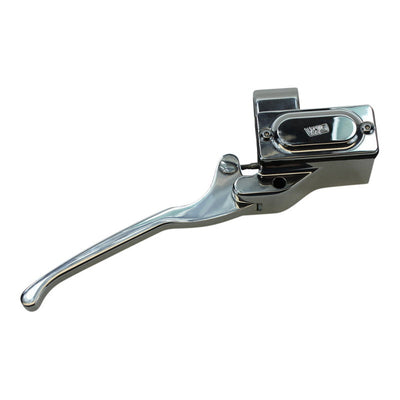 A GMA Polished Billet 1" Front Brake Master Cylinder (RH 5/8) handlebar lever with hand controls and master cylinders on a white background.
