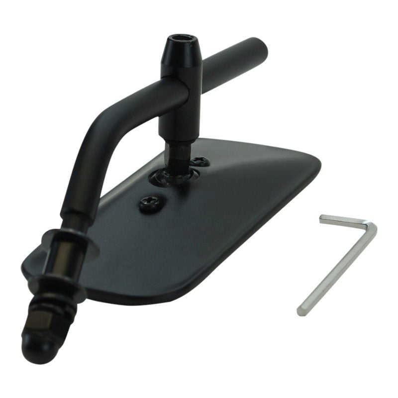 Moto Iron® Rectangular Mirror, 2" x 4 1/4", black, includes mounting hardware and hex key. Designed for Harley Davidson, shown on a white background.