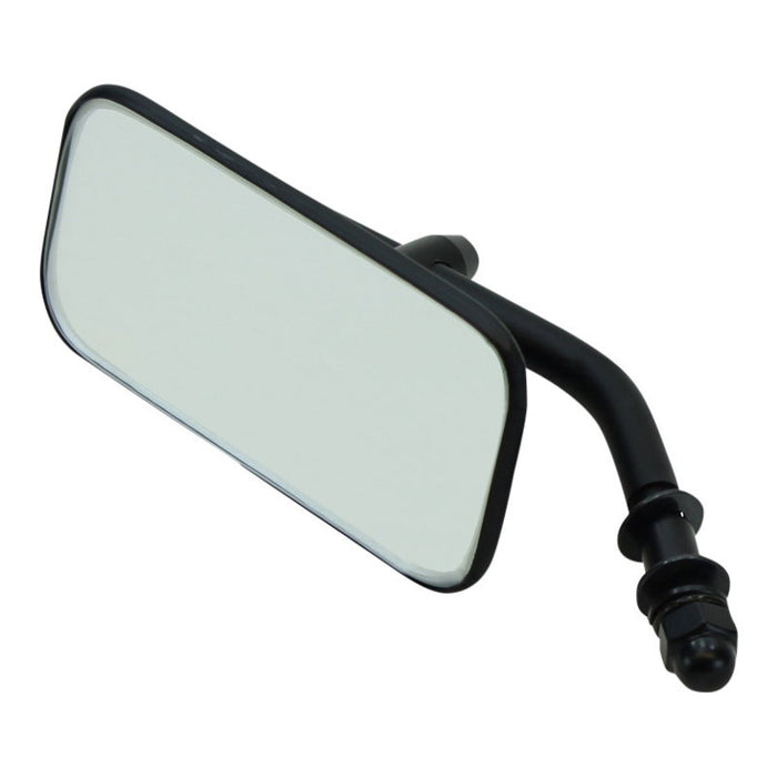 Moto Iron® Rectangular Mirror, 2" x 4 1/4", black, includes mounting hardware and hex key. Designed for Harley Davidson, shown on a white background.