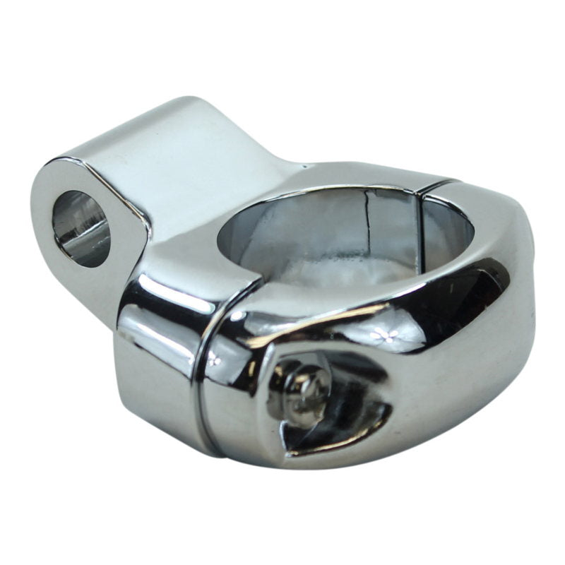 A HardDrive chrome die cast clamp secures the Custom Mirror Clamp for 1" handlebars and 5/16" mirrors - Chrome to the mounting bolt, captured against a white background.