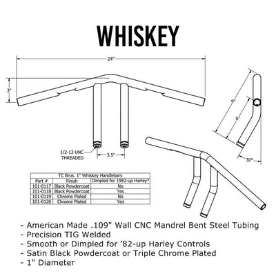 TC Bros. 1" Whiskey Handlebars - Black TC Bros. cnc mandrel steel tubing with black (dimpled or non-dimpled) handlebars