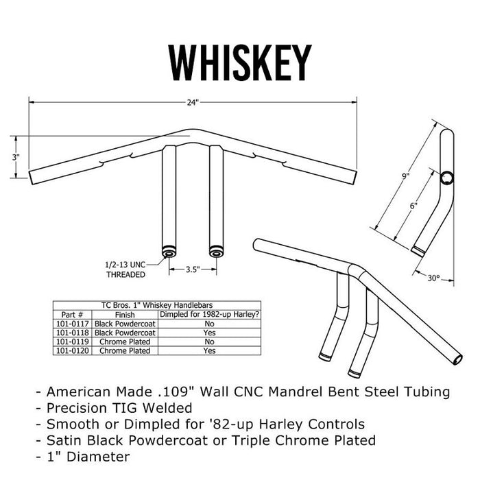 The TC Bros. 1" Whiskey Handlebar features a chrome finish with a raised center and two vertical grips, echoing classic Harley Davidson style, shown here against a white background.