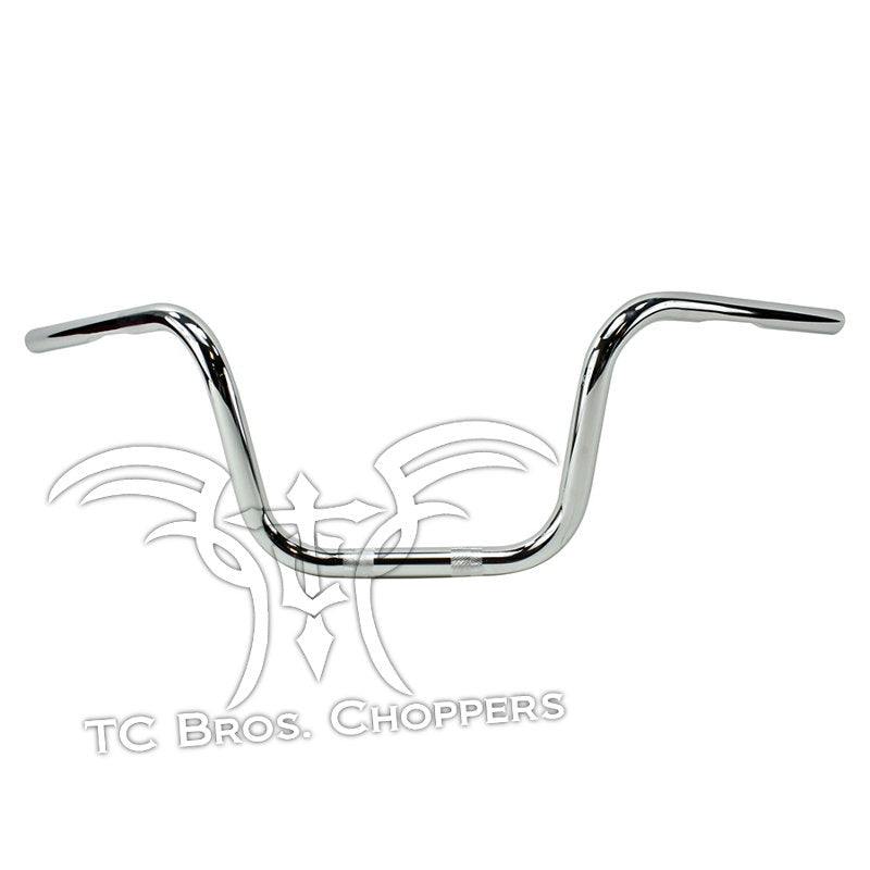 A TC Bros. 1" Narrow Mini Apes Handlebars - 8" Chrome with the word tc bros choppers on it. This Harley accessory features narrow mini apes handlebars, adding a sleek and stylish touch to your ride.