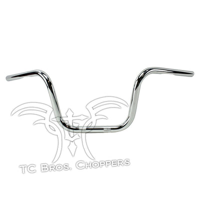 A TC Bros. 1" Narrow Mini Apes Handlebars - 8" Chrome with the word tc bros choppers on it. This Harley accessory features narrow mini apes handlebars, adding a sleek and stylish touch to your ride.
