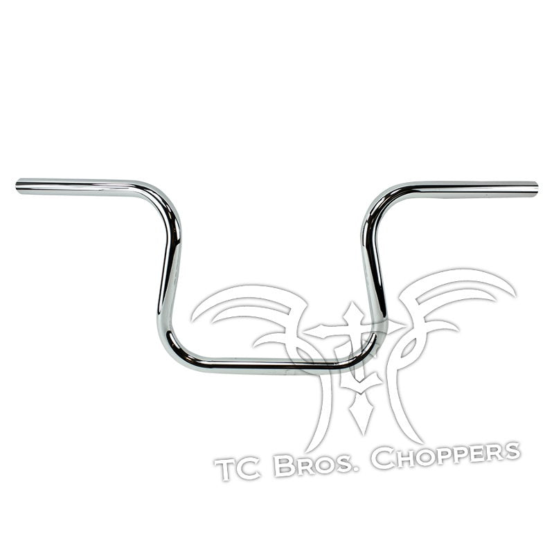 A TC Bros. 1" Lane Splitter™ Handlebars - Chrome, with dimpled or non-dimpled TC Bros. Lane Splitter™ Handlebars, adorned with the word tc choppers.