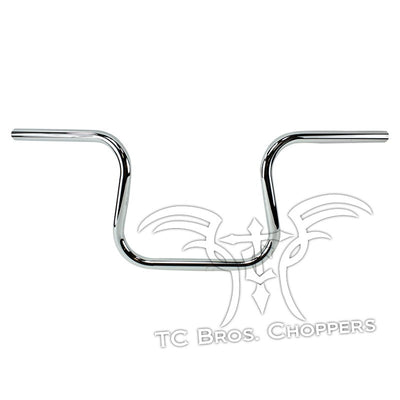 A TC Bros. chrome handlebar with the word TC Choppers on it, featuring TC Bros. 1" Lane Splitter™ Handlebars - Chrome handlebars.