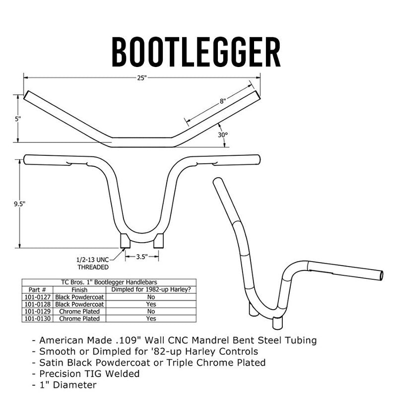 A diagram displaying the measurements for the TC Bros. 1" Bootlegger Handlebars - Black, specifically designed for Harley Davidson motorcycles, in a sleek black color.