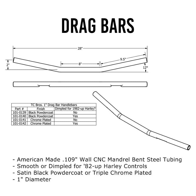 TC Bros. 1" Drag Bar Handlebars - Chrome - American CNC steel tubing available in chrome finish, with options for dimpled or non-dimpled style.