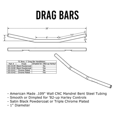 TC Bros. 1" Drag Bar Handlebars - Black - American CNC steel tubing for Harley models. These sleek black TC Bros. handlebars, also known as drag bar handlebars, are made from high-quality steel using advanced CNC manufacturing techniques.