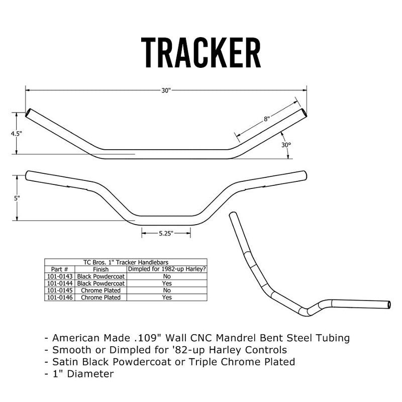A TC Bros. chrome drawing of a TC Bros. 1" Tracker Handlebars - Chrome for a motorcycle with 1" tracker handlebars.