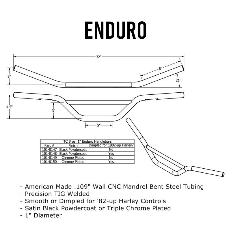 A drawing featuring TC Bros. 1" Enduro Handlebars - Chrome, available in both dimpled or non-dimpled styles.