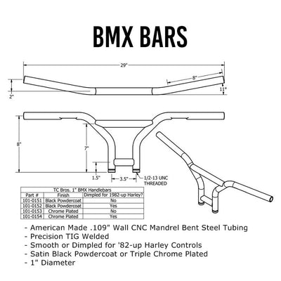 TC Bros. 1" BMX Handlebars - Chrome with or without dimples available.