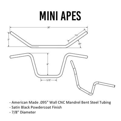 TC Bros. 7/8" Mini Ape Hanger Handlebars - 8" Black made of American steel tubing with a satin black powdercoat finish.