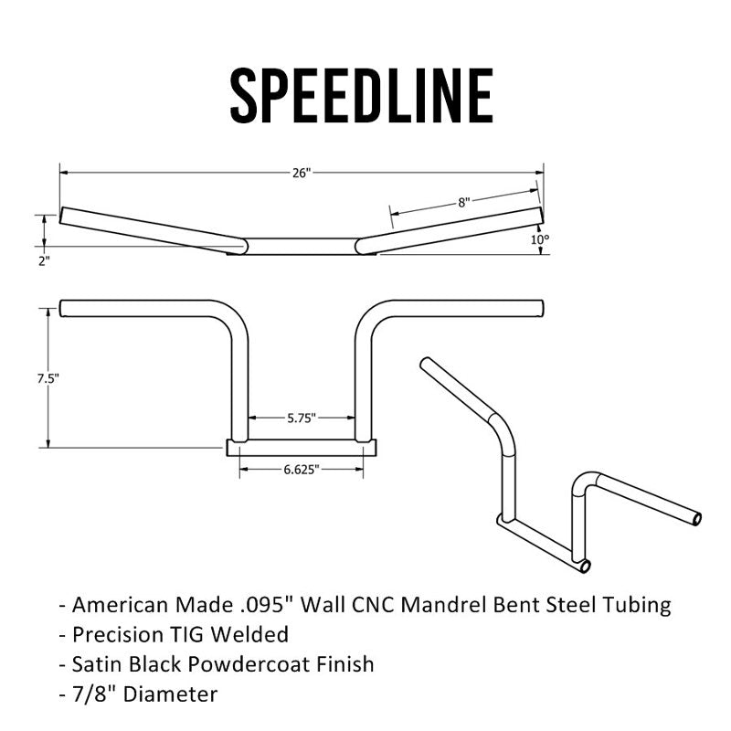 A diagram of TC Bros. 7/8" Speedline Handlebars - Black with a satin black powdercoat finish.
