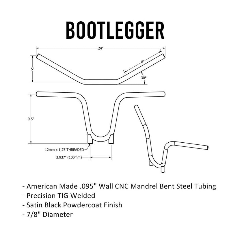 A diagram of the TC Bros. 7/8" Bootlegger Handlebars - Black with American steel tubing and handlebars.