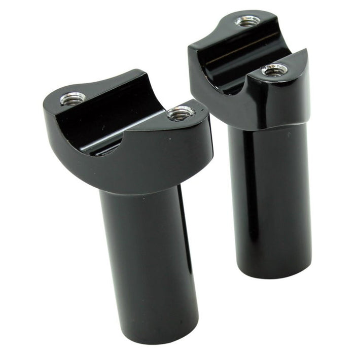 Two Moto Iron® 3.5" Black Forged Handlebar Risers for Harley, featuring a sleek black finish and mounting holes, stand upright on a white background.