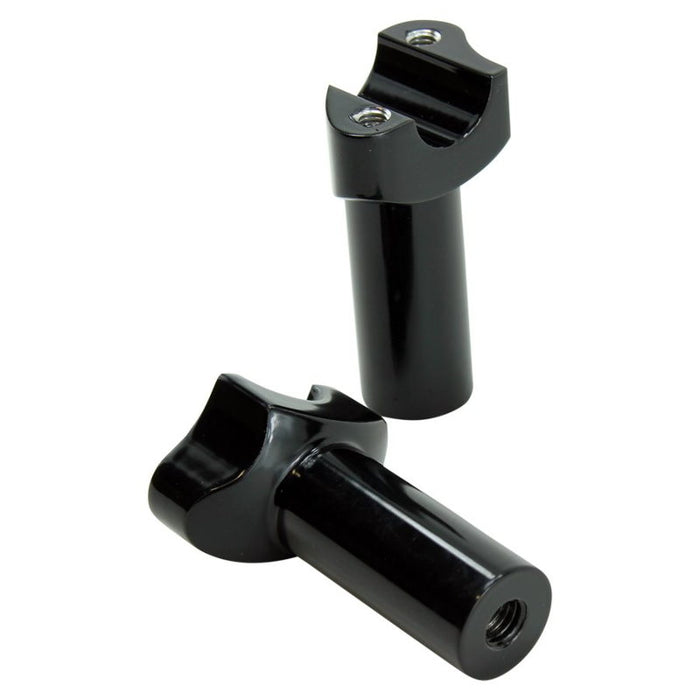 Two Moto Iron® 3.5" Black Forged Handlebar Risers for Harley, featuring a sleek black finish and mounting holes, stand upright on a white background.
