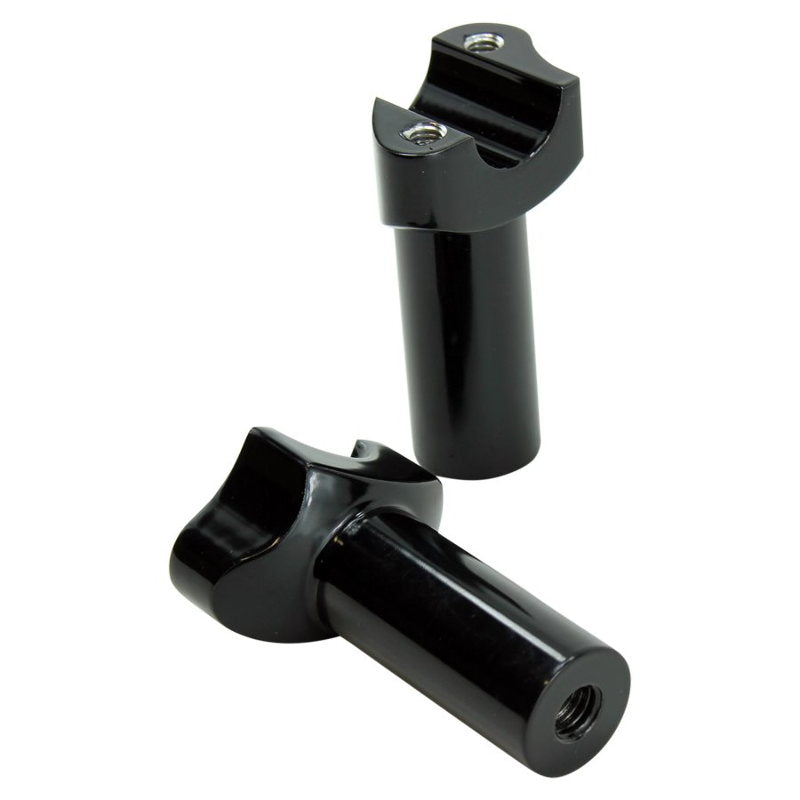 A pair of HardDrive 3.5" Black Forged Handlebar Risers for Harley, with a black finish, on a white background.