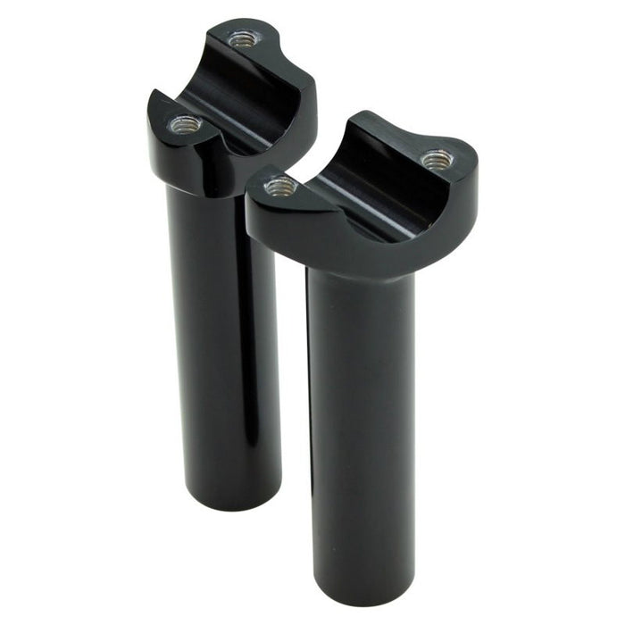 Two Moto Iron® 5.5" Black Forged Handlebar Risers for Harley, each a metal cylinder with threaded screw holes on top, stand vertically on a white background.