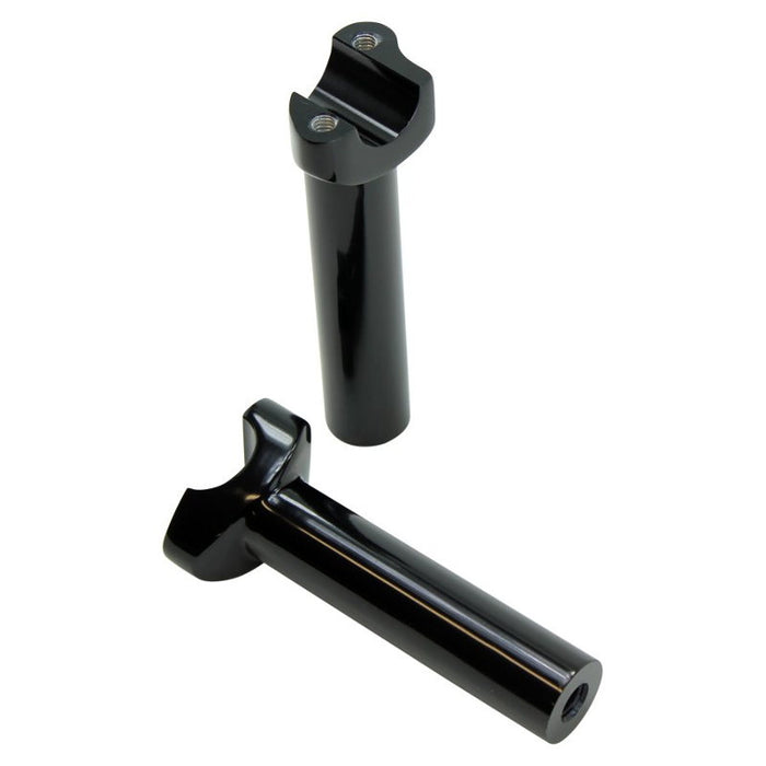 Two Moto Iron® 5.5" Black Forged Handlebar Risers for Harley, each a metal cylinder with threaded screw holes on top, stand vertically on a white background.