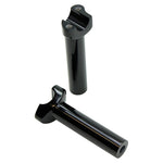 Two Moto Iron® 5.5" Black Forged Handlebar Risers for Harley, each a metal cylinder with threaded screw holes on top, stand vertically on a white background.