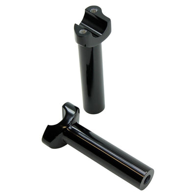 A pair of 5.5" Black Forged Handlebar Risers for Harley by HardDrive with a black finish on a white background.