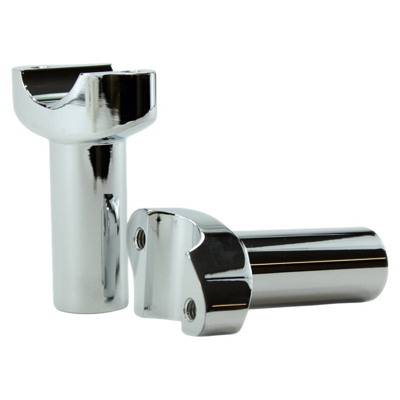 Two HardDrive 3.5" Chrome Forged Handlebar Risers for Harley with a straight style riser on a white background.