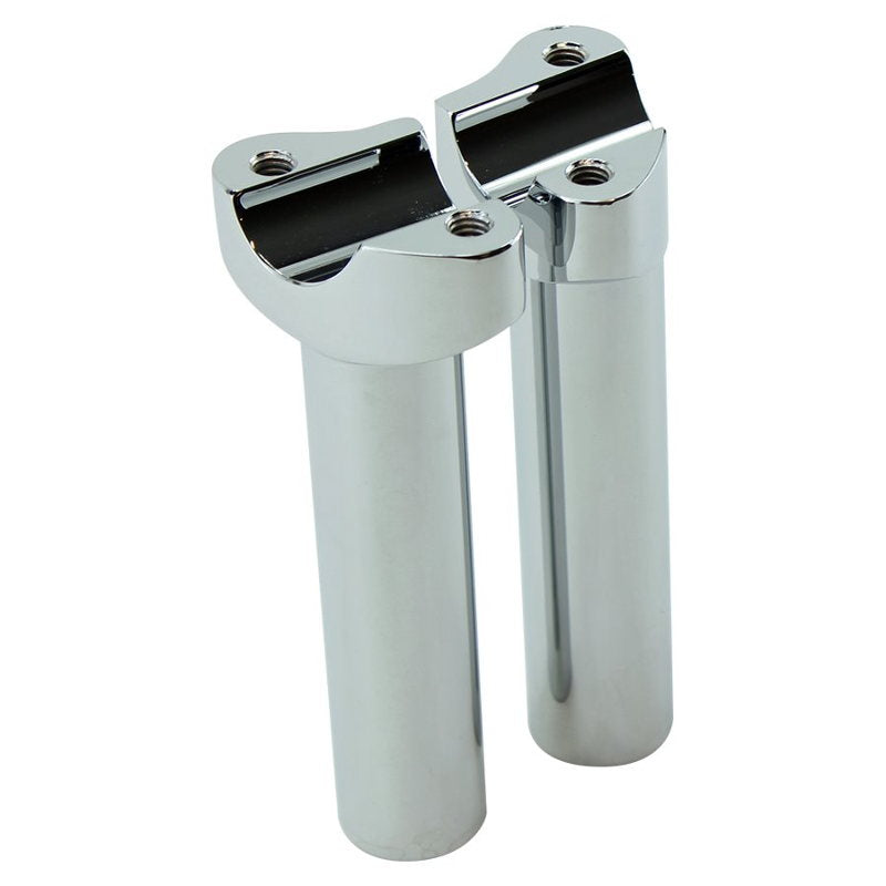 Two Moto Iron® 5.5" Chrome Forged Handlebar Risers for Harley, each with a 1" diameter and top mounting holes, are placed side by side on a white background.