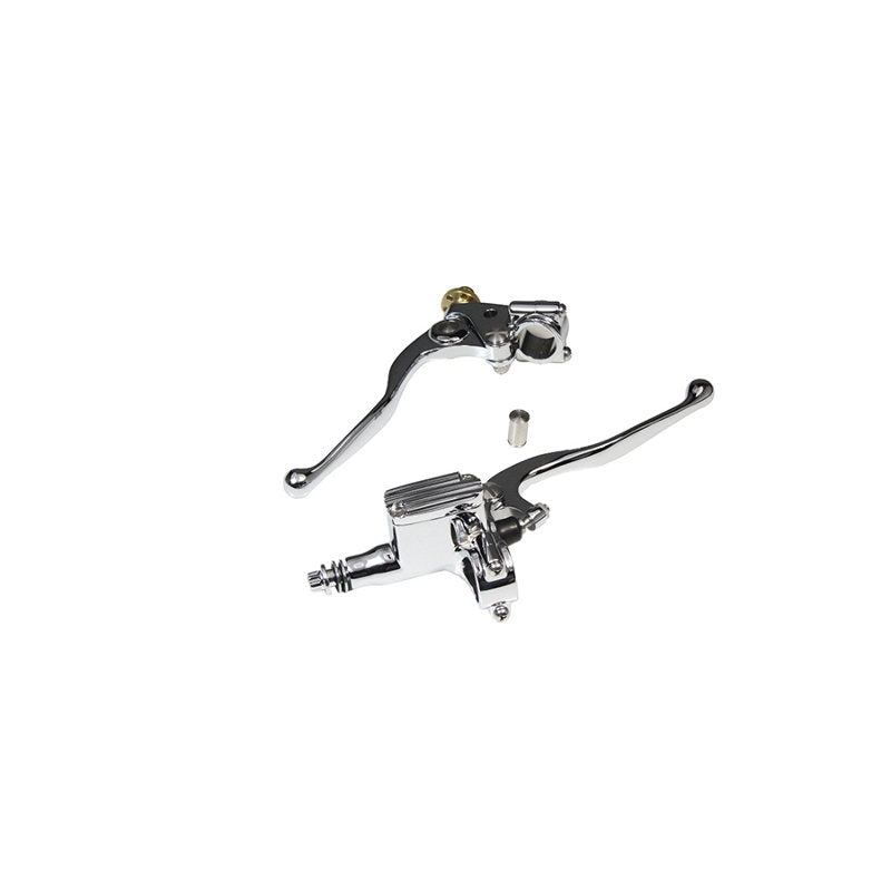 Two Moto Iron® motorcycle brake levers and a chrome slim-line Moto Iron® master cylinder on a white background.
