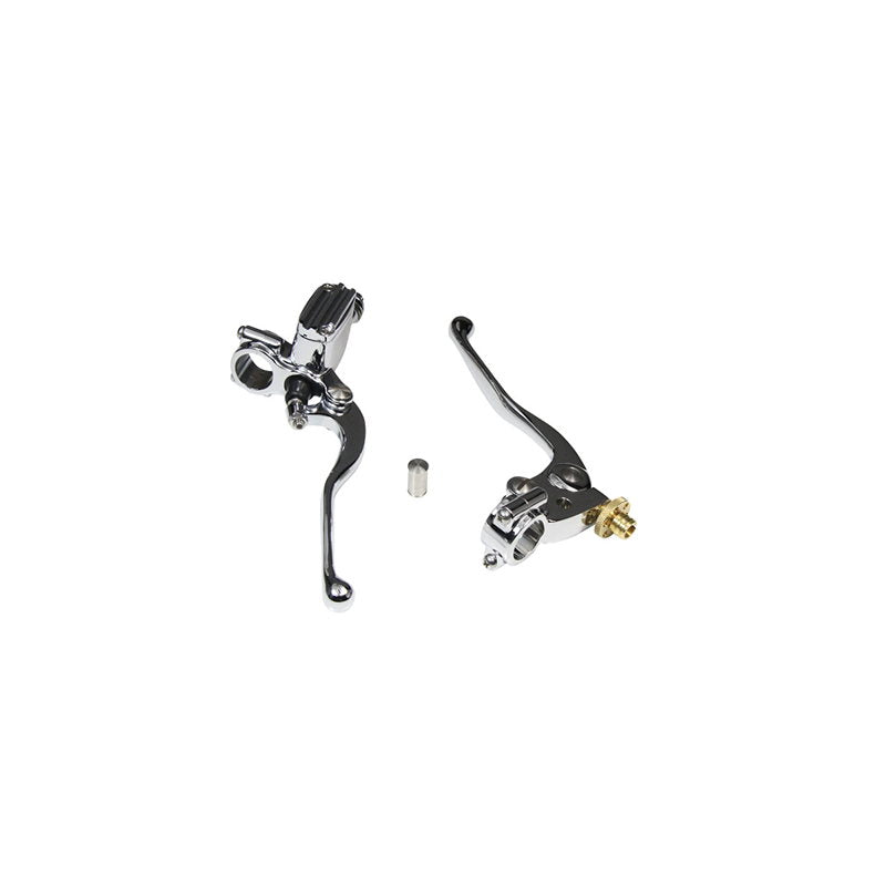 A pair of Moto Iron® 1" Vintage Handlebar Control Kit with Master Cylinder & Clutch (Chrome) Harley and Custom Motorcycle on a white background.
